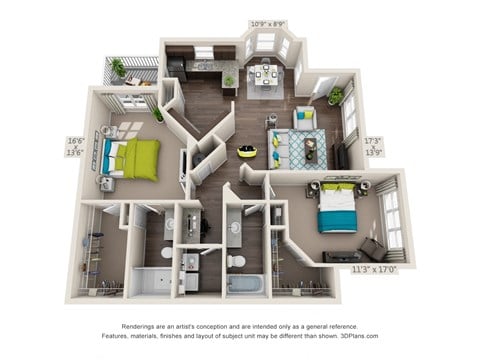 Floor plan for 2 beds, 2 baths, 1325 sqft